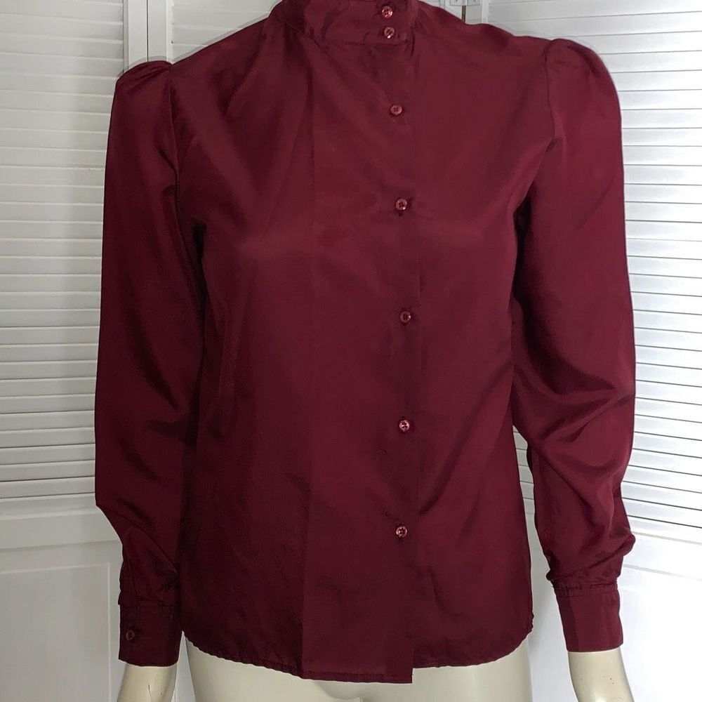 Vintage 70’s Jack Winters Burgundy Secretary Button‎ Down Blouse Size 10